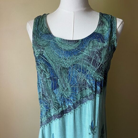 90s Y2K Ocean Blue Embroidered Tank Maxi Dress Boho Hippie Small - Picture 6 of 10
